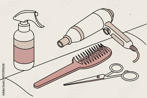 A vector graphic illustration of hair styling tools and products on a table