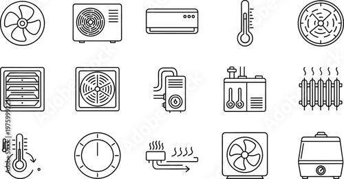 Set of Heating, Ventilation, and Air Conditioning (HVAC) Icons Including Fans, Thermostats, and Air Conditioners for Home and Office Design Projects