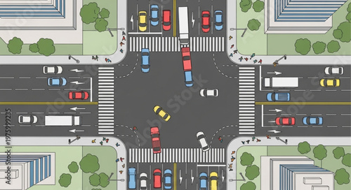 Aerial View of a Busy City Intersection with Cars.