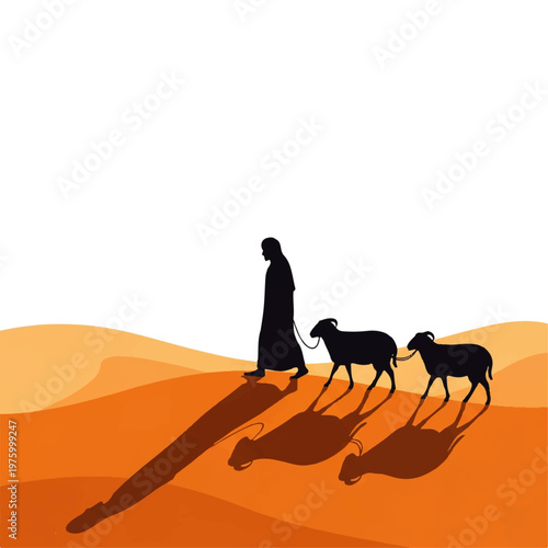 Vector flat design illustration of a shepherd leading two sheep across a desert landscape with long shadows