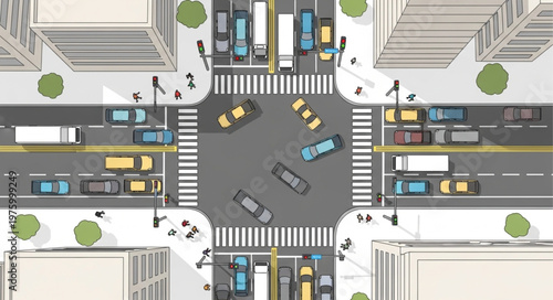 Aerial View of a Busy City Intersection with Cars and Pedestrians.