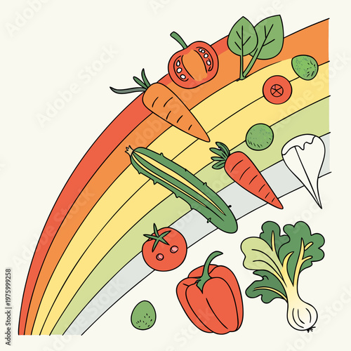A colorful vector illustration of a rainbow with various vegetables