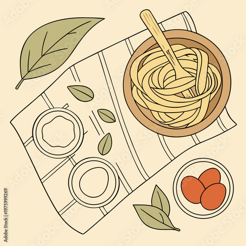 A vector graphic illustration of a bowl of pasta with ingredients and utensils on a tablecloth