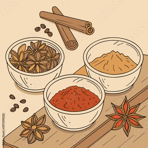 A vector illustration of three bowls of spices on a wooden board with star anise and cinnamon sticks
