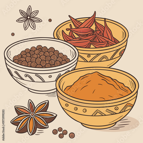 A colorful illustration of three bowls of spices and herbs with star anise on a beige background