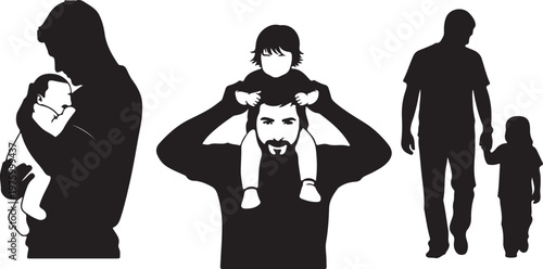 Father and child silhouettes set, black and white vector illustrations of dad holding baby, father carrying son on shoulders, parent walking with kid