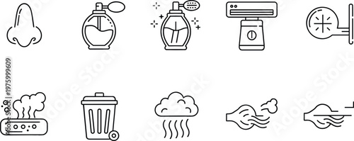 Set of Hygiene and Air Quality Icons Including Air Fresheners, Trash, and Ventilation for Environmental and Cleaning Projects