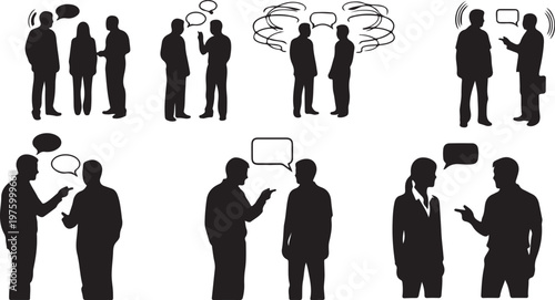 Business people silhouettes talking with speech bubbles, professional communication icons set, office colleagues networking and discussing ideas