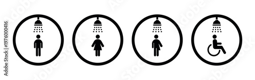 All Gender Shower Room Vector Icons Set. Male, Female, Disabled Person, Gender Neutral Signs Flat Collection. Handicapped or Accessibility Man in a Wheelchair in Accessible Shower Room.
