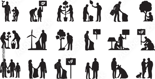 Environmental volunteer silhouettes, 18 icons of people planting trees and cleaning nature, eco-friendly community activism vector set for sustainability