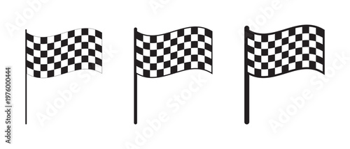 Set of winding race flags with checkered black and white texture. Start or finish signals on sport car competitions. Traditional rally, karting or motocross props. Vector graphic illustration