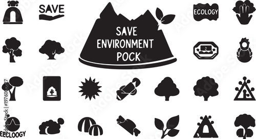 Save Environment Pock icon set, black ecology symbols and nature conservation elements, 25 vector graphics for environmental protection projects