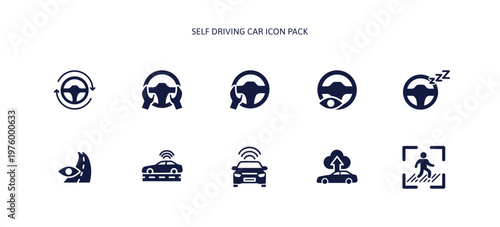Self driving car technology glyph icon set. Autonomous vehicle innovation for transportation with automation AI tech. Robot assistant eye tracking sleep driver and people cross the road for safety