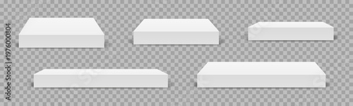 Empty white rectangular podium, top table mockup, modern pedestal and platform, concrete flooring stand stage stand, empty stages and podium stair 3d template for product presentation