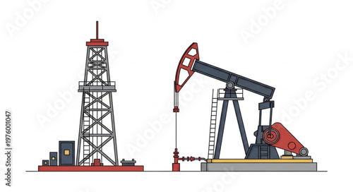 Oil Drilling Rig and Pumpjack Illustration - Energy Industry Equipment.