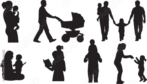 Family silhouette collection, black vector set of parents and children, diverse group of people walking with strollers and playing together outdoors