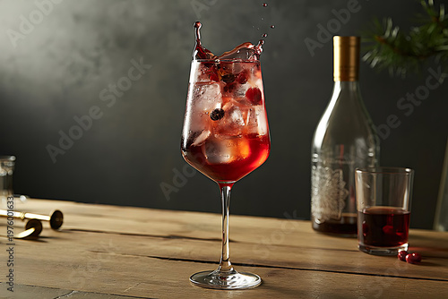 red wine pouring into glass with ice and berries on dark backdrop