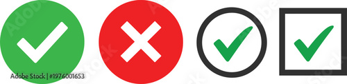 Visual confirmation and rejection symbols a collection of checkmarks and an 'x' in oval and rectangular shapes