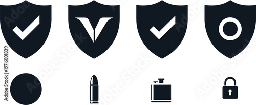 Security icons set shields with checkmarks letters and additional safety symbols in black and white