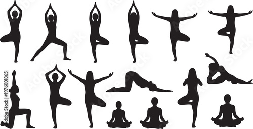 Yoga poses silhouette collection, black female figures practicing pilates and meditation, 15 exercise icons set for wellness and fitness branding