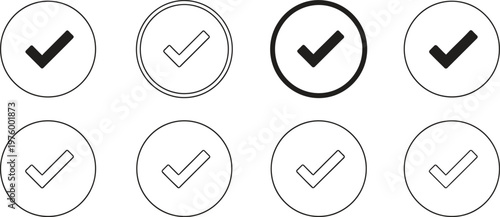 Collection of eight hand drawn check mark icons within oval frames varying in line weight and style