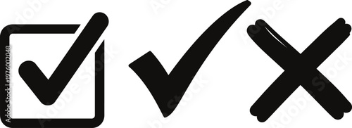 Simple black and white icons depicting completion confirmation and rejection with checkmarks and an x