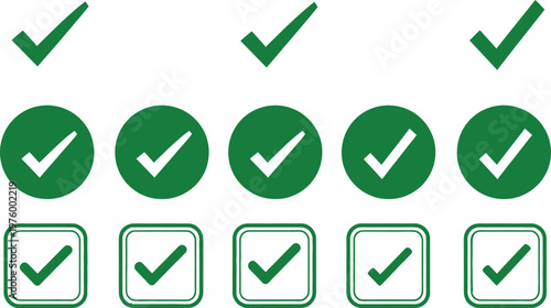 A collection of green checkmarks within oval and rectangular frames symbolizing completion approval or positive confirmation