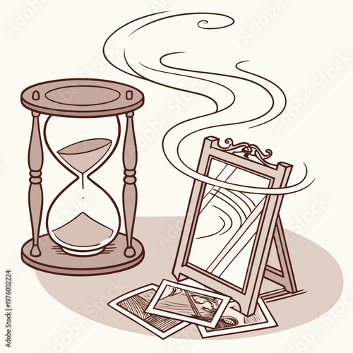 A vector graphic illustration of an hourglass and an easel with a blank canvas and scattered tarot cards