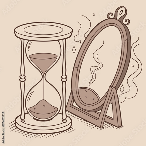 A vector graphic illustration of an hourglass and a mirror with a beige background