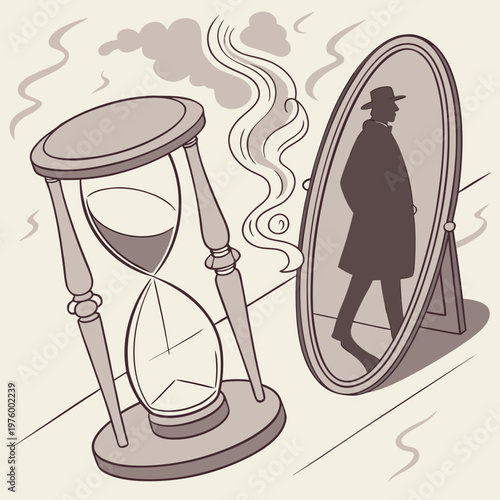 A minimalist vector illustration of a man walking through a mirror next to an hourglass with smoke and clouds in the background