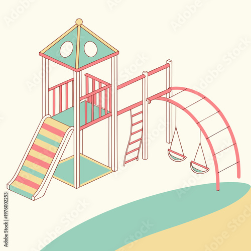 A colorful playground with a slide, swings, and climbing structure for kids to play