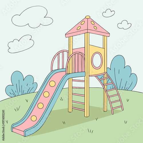 A colorful playground with a pink and yellow playset featuring a slide, ladder, and climbing structure in a green field with trees and clouds.