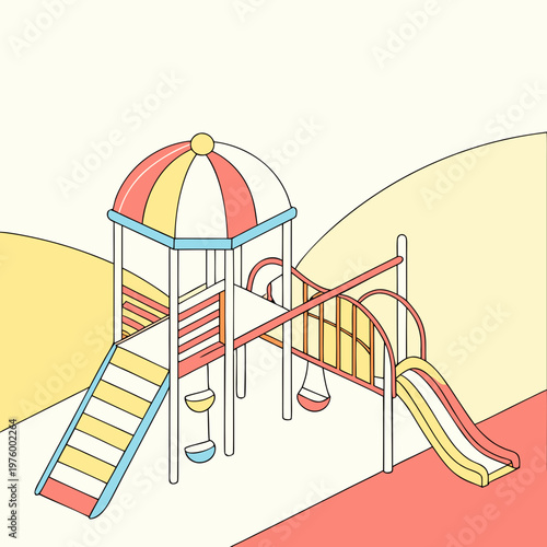 A colorful playground with a slide, climbing structure, and swings for kids to enjoy