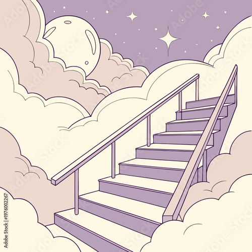 A whimsical vector illustration of a staircase ascending through clouds to a starry night sky with a large moon