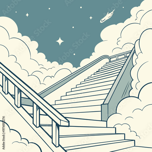 A minimalist vector illustration of a staircase leading up to the clouds in a blue sky