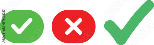 Three simple icons representing acceptance rejection and confirmation with distinct colors and checkmarks
