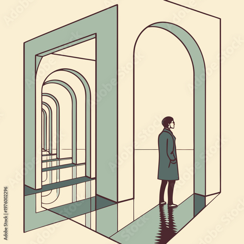 A minimalist vector illustration of a person standing in a hallway with multiple archways and reflective floors