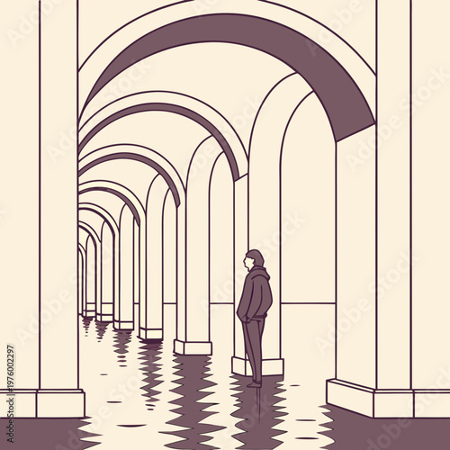 A minimalist illustration of a man standing alone in a long, arched hallway with a flooded floor