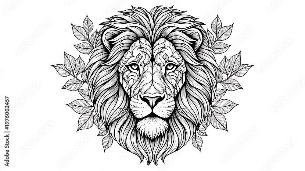 Obraz premium Black and white lion head with leaves isolated on white background