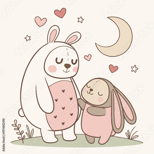 A cute illustration of two rabbits standing together under a crescent moon with hearts and stars