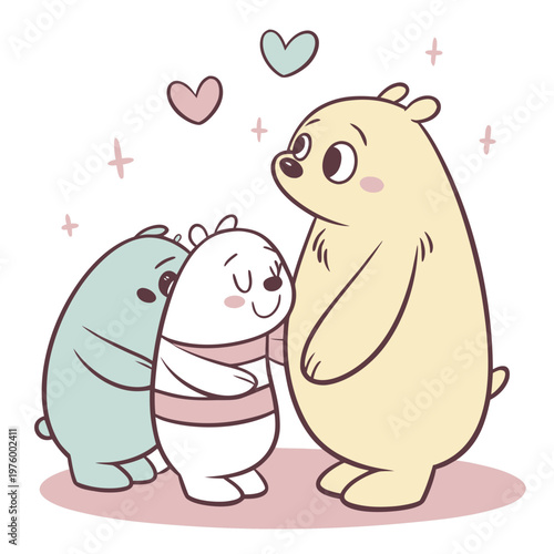A heartwarming illustration of three cute cartoon bears hugging and surrounded by hearts