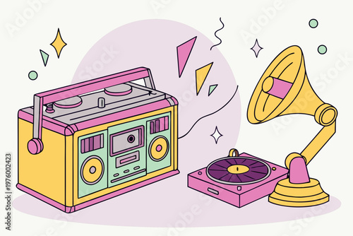A colorful illustration of a vintage boombox and record player with a gramophone, surrounded by music notes and confetti.