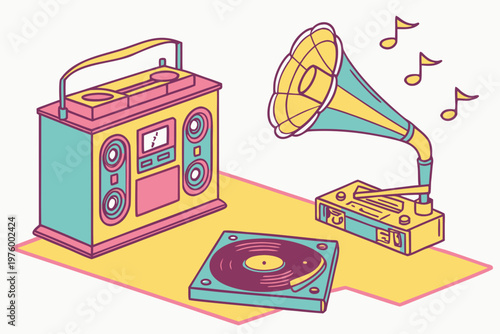 A colorful illustration of vintage music players including a boombox, record player, and gramophone on a yellow mat.