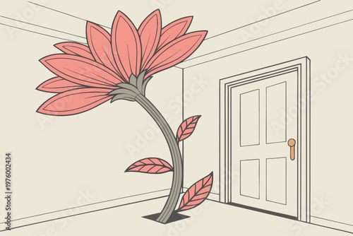A minimalist vector illustration of a pink flower growing out of a floor in a room with a door