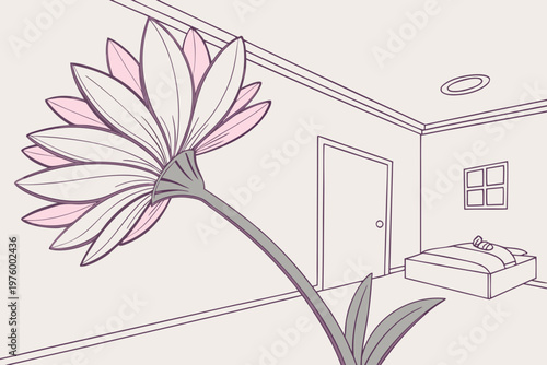 A minimalist line art illustration of a large flower in a simple bedroom with a bed and door