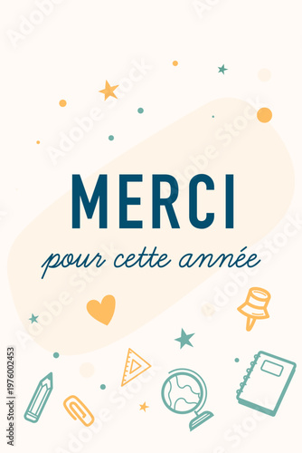 Carte de remerciement pour maîtresse ou enseignant avec design minimaliste, éléments scolaires et palette douce. Idéal pour fin d’année scolaire, enfant, gratitude. Dire merci à son enseignant