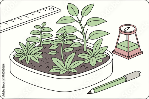 A vector illustration of a plant growing in a pot with a ruler, hourglass, and pencil nearby