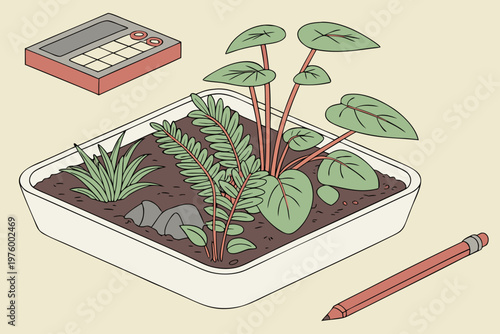 A vector illustration of a potted plant with a pencil and gardening planner nearby
