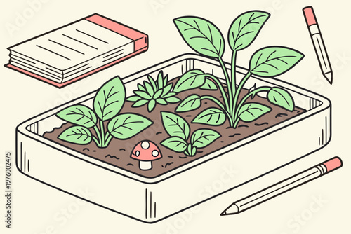 A vector illustration of a plant growing in a container with a mushroom and stationery items nearby