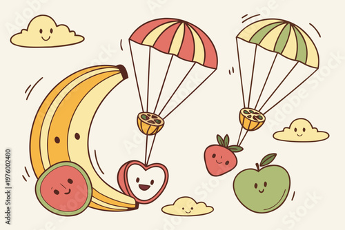 A colorful cartoon illustration of smiling fruits with parachutes floating in the air